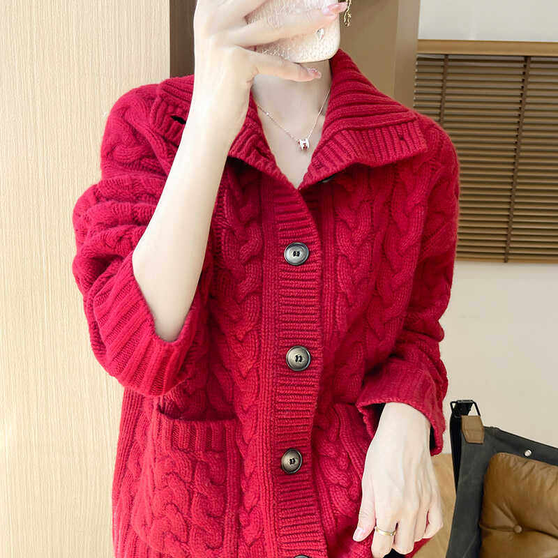 重磅加厚100%纯羊毛开衫女高领复古扭花带兜毛衣宽松慵懒羊绒外套,淘宝优惠券,粉丝福利购,淘宝优惠卷