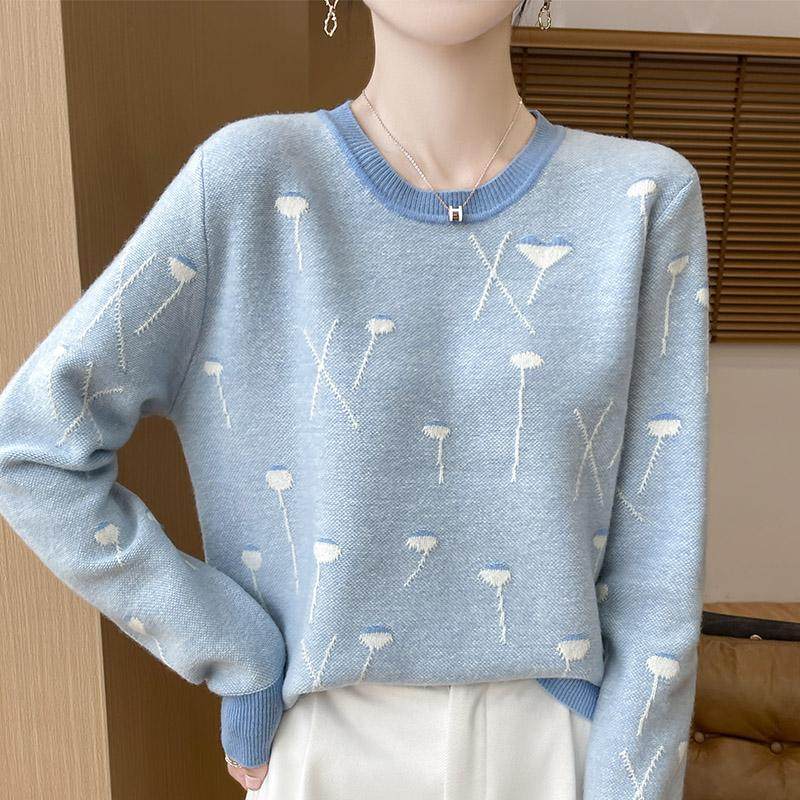 秋冬100%纯羊毛衫女圆领提花拼色长袖针织毛衣宽松羊绒衫打底上衣,淘宝优惠券,粉丝福利购,淘宝优惠卷