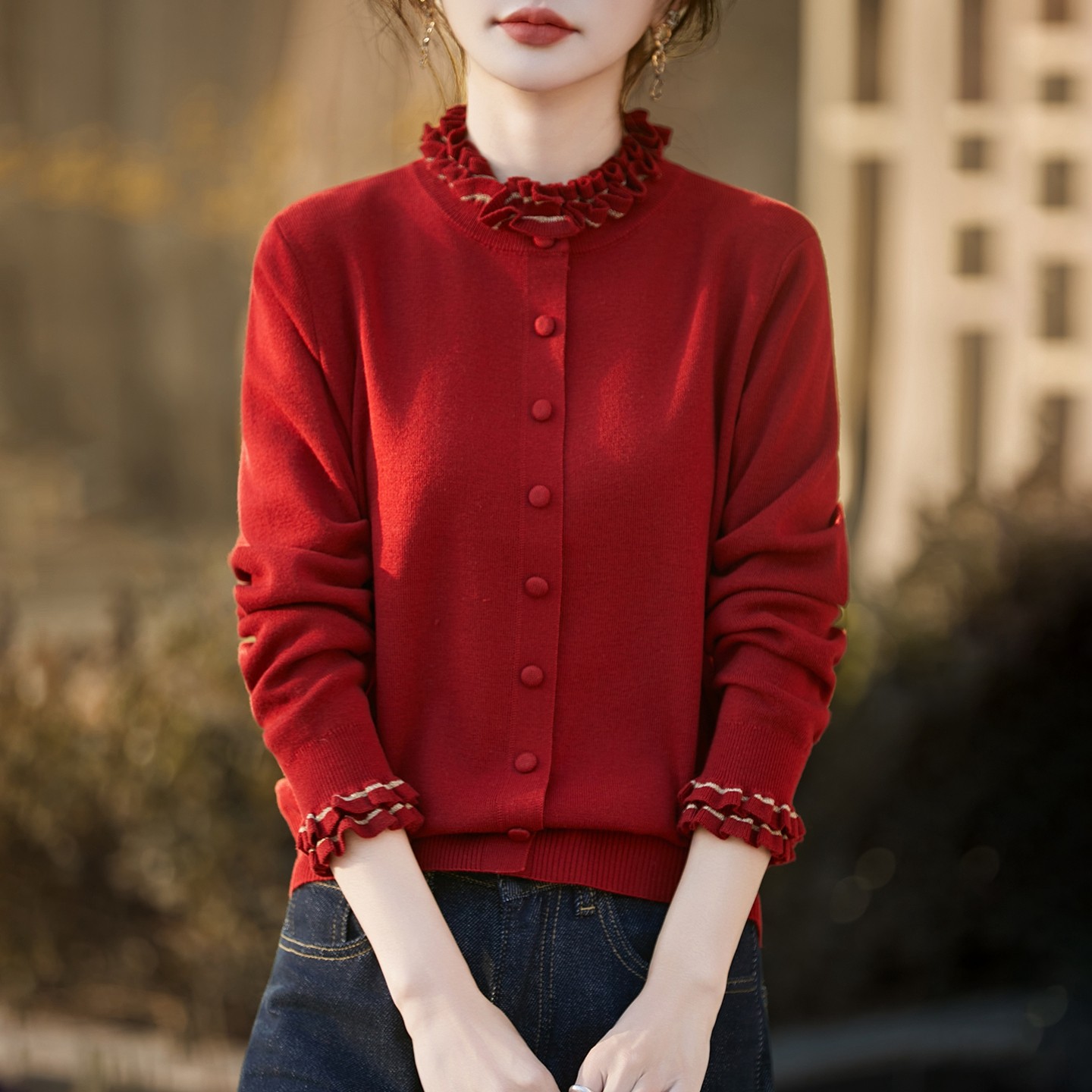 2026新款木耳边立领精纺羊毛开衫女气质长袖针织毛衣宽松百搭外套,淘宝优惠券,粉丝福利购,淘宝优惠卷