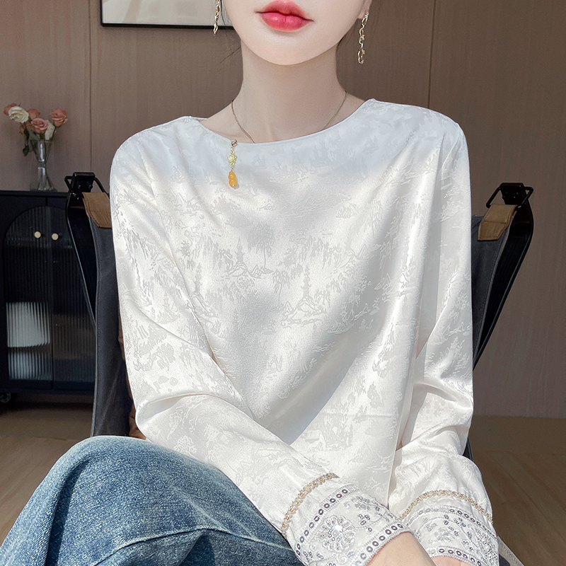 新中式国风缎面真丝衬衣女圆领刺绣亮片桑蚕丝提花醋酸打底衫上衣 - 图0