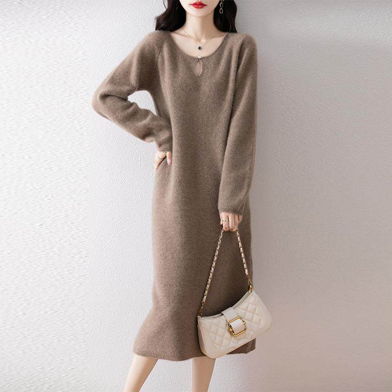 100%羊毛衫连衣裙女圆领中长款加厚针织毛衣过膝长裙宽松打底裙子,淘宝优惠券,粉丝福利购,淘宝优惠卷