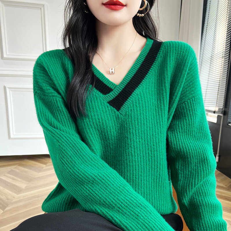 交叉V领100%纯羊毛衫女拼色提花加厚长袖毛衣宽松羊绒衫打底上衣,淘宝优惠券,粉丝福利购,淘宝优惠卷
