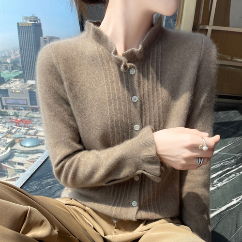 轻奢级baby小山羊绒开衫女木耳边半高领提花针织毛衣宽松羊毛外套 - 图3