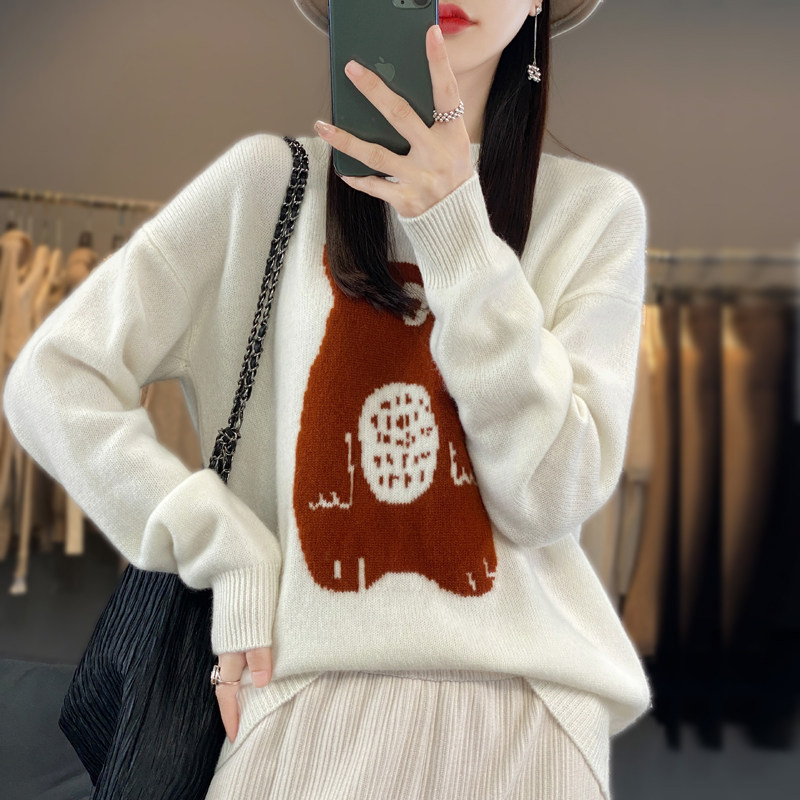 24秋冬新款圆领100%纯羊毛衫女拼色卡通小熊毛衣宽松羊绒针织打底,淘宝优惠券,粉丝福利购,淘宝优惠卷