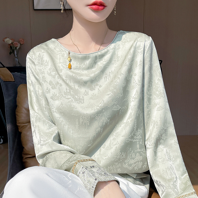 新中式国风缎面真丝衬衣女圆领刺绣亮片桑蚕丝提花醋酸打底衫上衣 - 图1