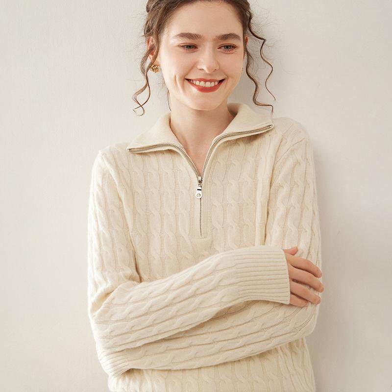 秋冬半开拉链翻领高级感山羊绒衫女加厚绞花针织毛衣宽松羊毛打底,淘宝优惠券,粉丝福利购,淘宝优惠卷