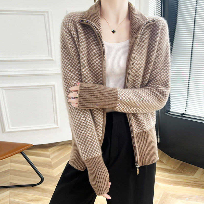 拼色嵌花100%纯羊毛开衫女高领针织衫毛衣加厚宽松羊绒衫拉链外套,淘宝优惠券,粉丝福利购,淘宝优惠卷