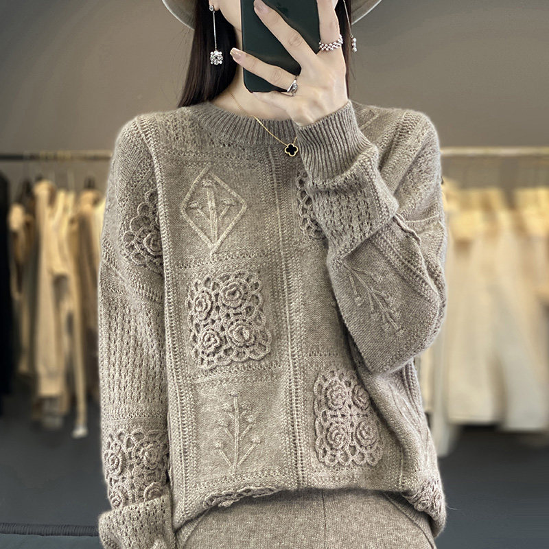 重磅加厚100%纯羊毛衫女圆领刺绣钩花针织毛衣宽松慵懒打底羊绒衫,淘宝优惠券,粉丝福利购,淘宝优惠卷