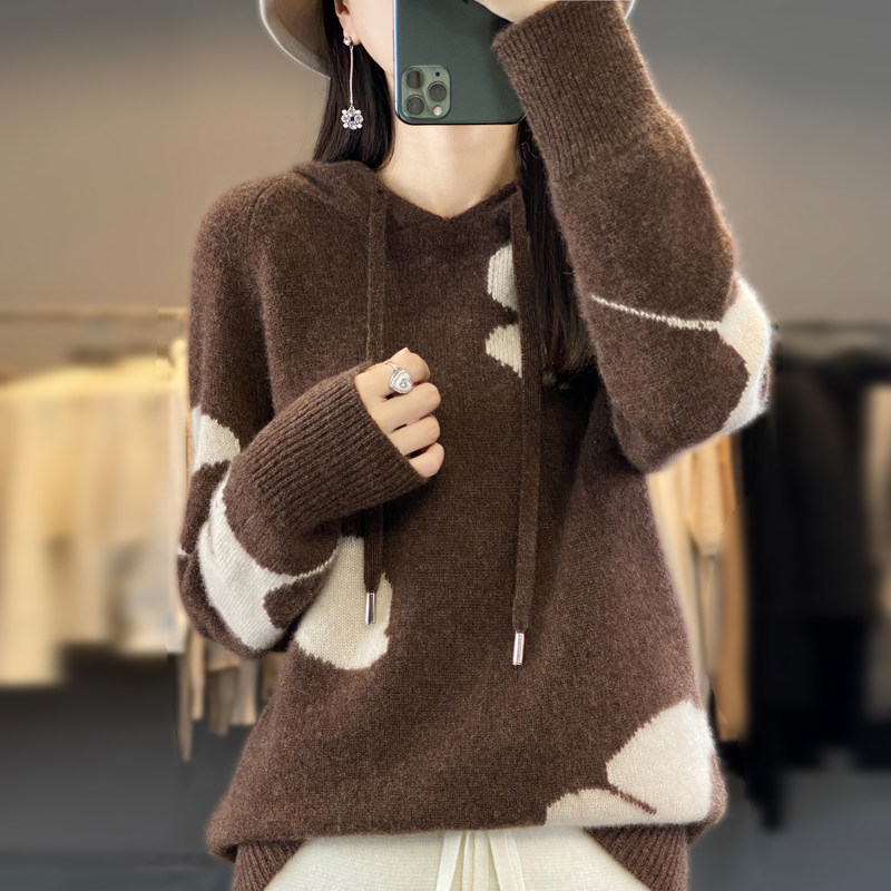 秋冬连帽撞色100%羊毛衫长袖卫衣女宽松带帽慵懒羊绒针织打底帽衫,淘宝优惠券,粉丝福利购,淘宝优惠卷