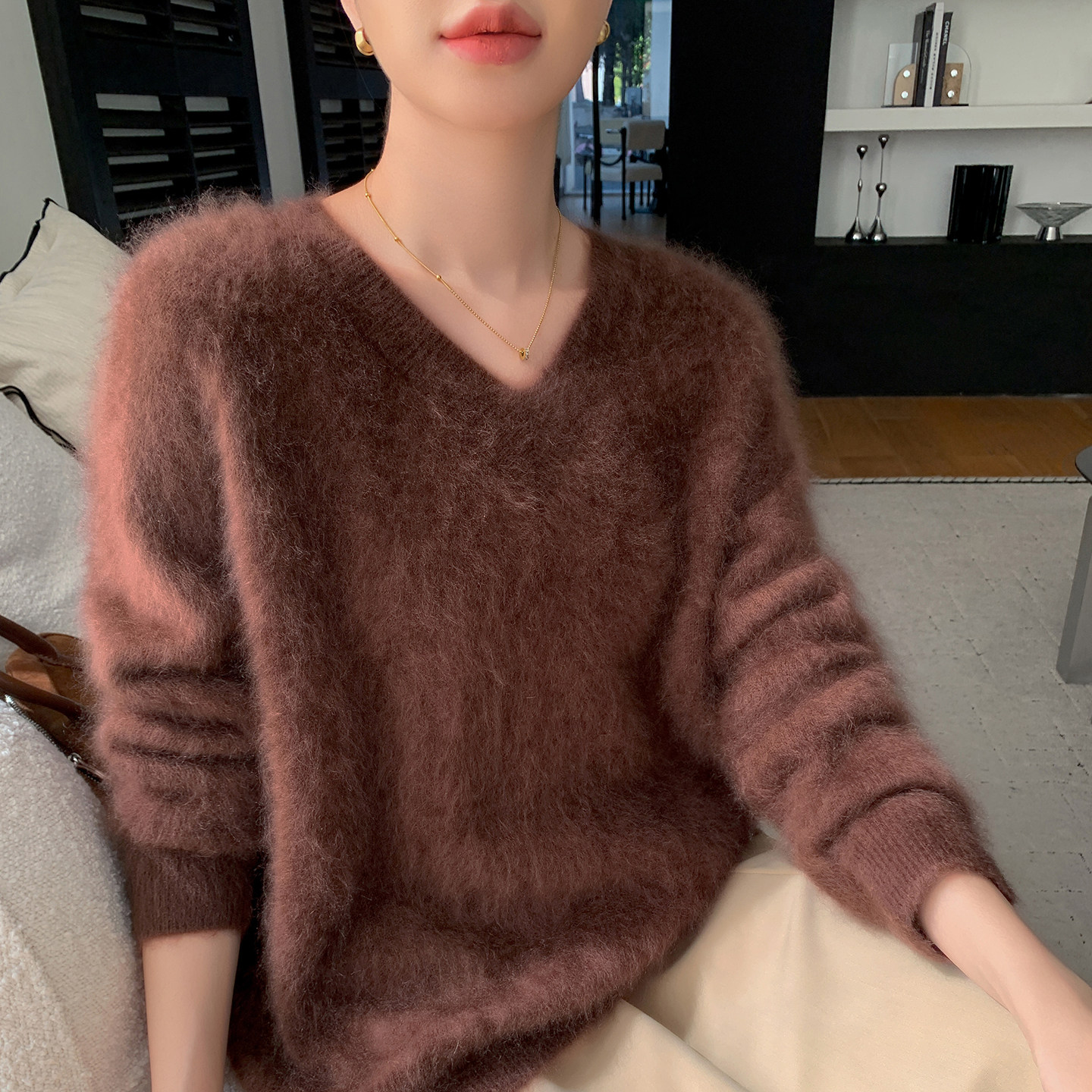 轻奢高端山羊绒衫女V领拉绒纯色针织长袖毛衣宽松羊毛衫打底上衣,淘宝优惠券,粉丝福利购,淘宝优惠卷