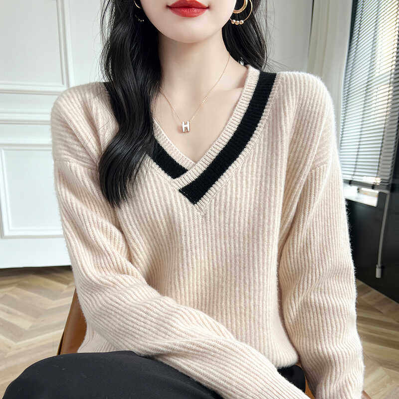 交叉V领100%纯羊毛衫女拼色提花加厚长袖毛衣宽松羊绒衫打底上衣,淘宝优惠券,粉丝福利购,淘宝优惠卷