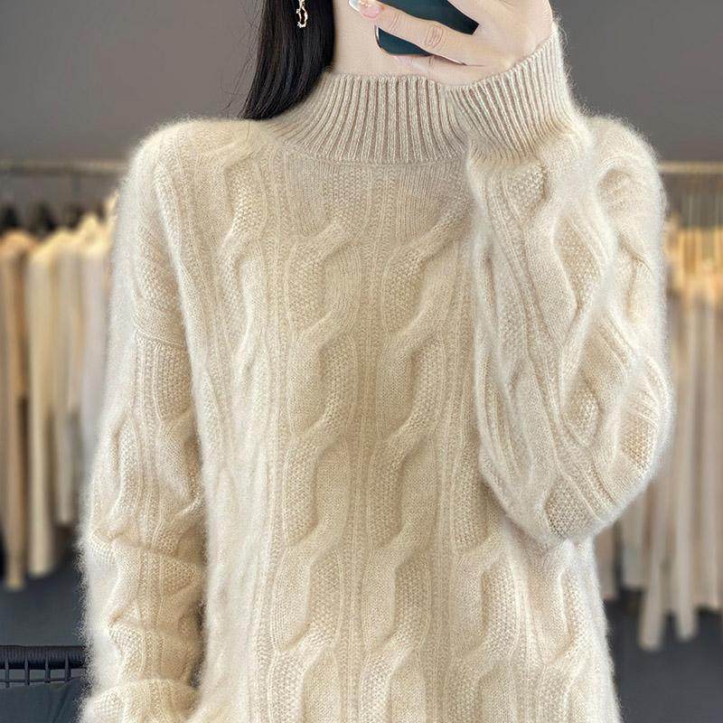 加厚100%纯羊毛衫女半高领扭花针织套头毛衣宽松百搭羊绒打底上衣,淘宝优惠券,粉丝福利购,淘宝优惠卷
