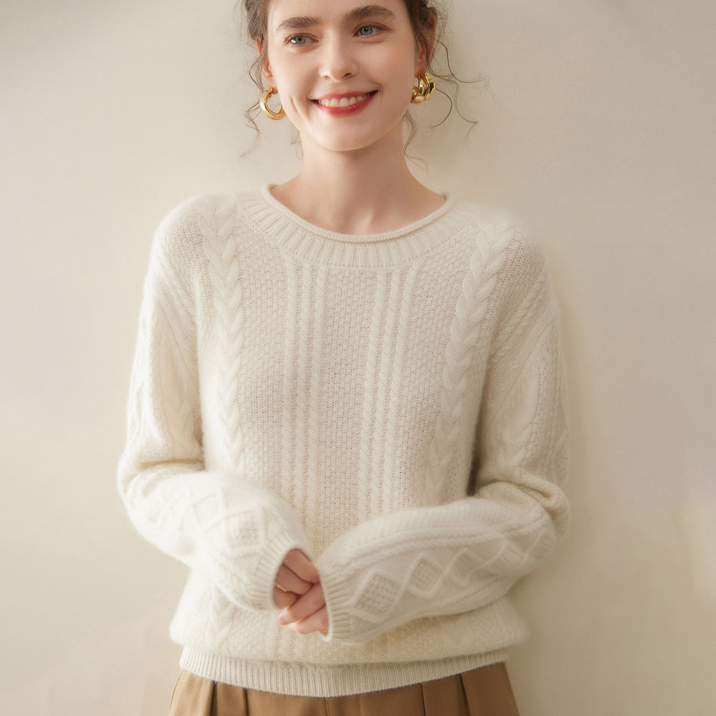 重磅三股加厚山羊绒衫女圆领绞花毛衣加厚针织打底衫宽松羊毛上衣,淘宝优惠券,粉丝福利购,淘宝优惠卷