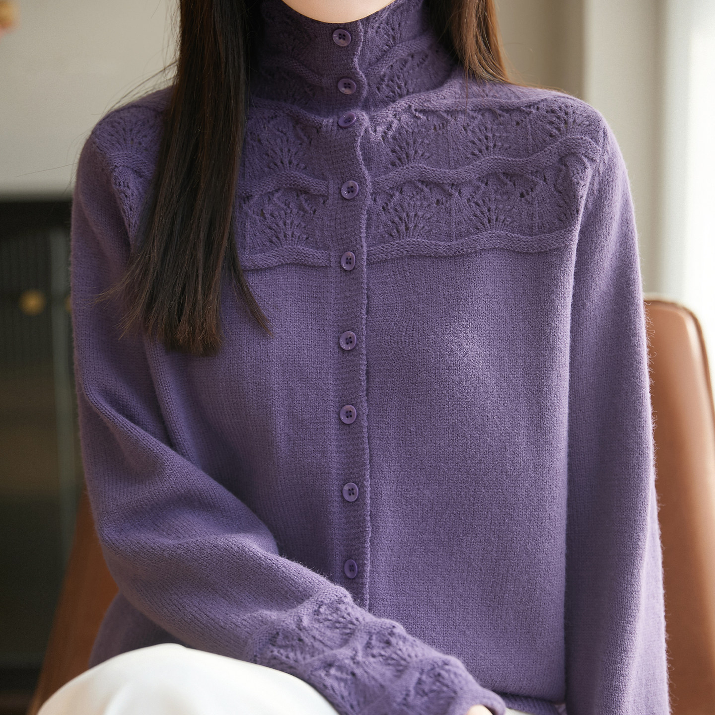 重工镂空钩花精纺羊毛开衫女高领针织衫长袖毛衣宽松气质外套上衣,淘宝优惠券,粉丝福利购,淘宝优惠卷