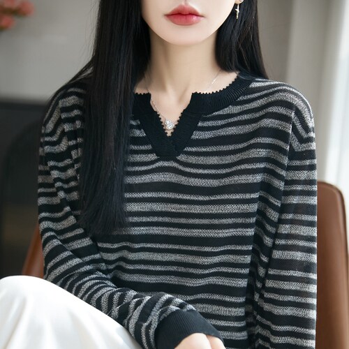 春秋新款精纺羊毛衫女流苏圆领条纹拼色开衫外套宽松长袖打底上衣 - 图0