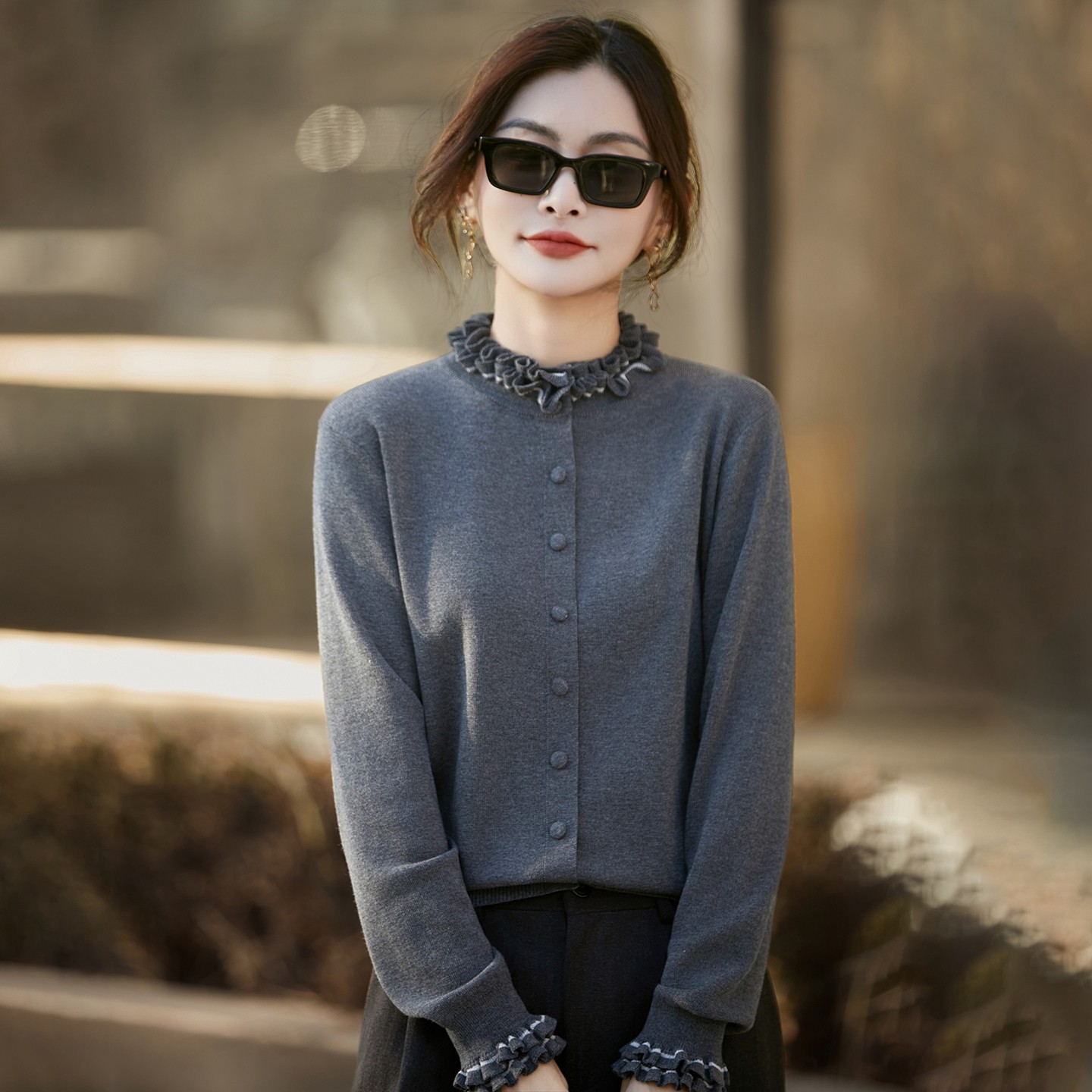 2026新款木耳边立领精纺羊毛开衫女气质长袖针织毛衣宽松百搭外套,淘宝优惠券,粉丝福利购,淘宝优惠卷