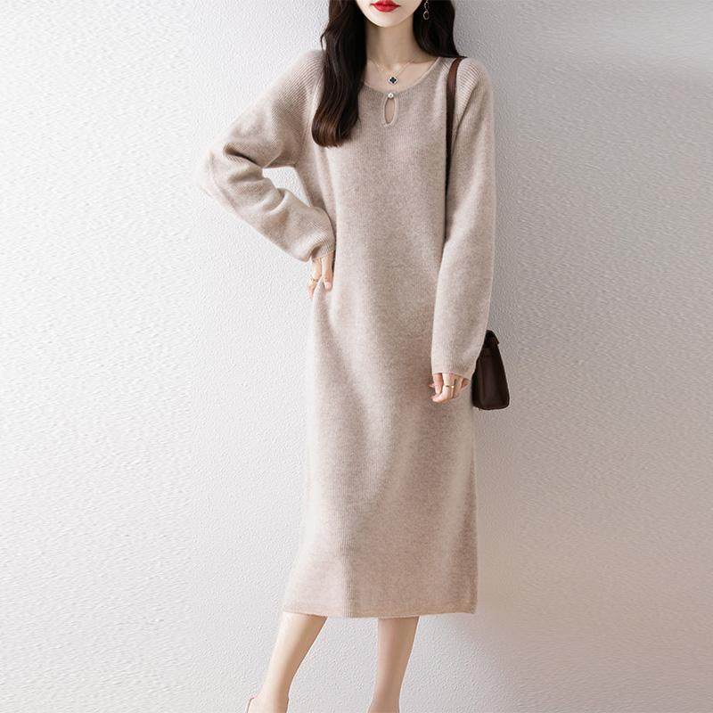 100%羊毛衫连衣裙女圆领中长款加厚针织毛衣过膝长裙宽松打底裙子,淘宝优惠券,粉丝福利购,淘宝优惠卷