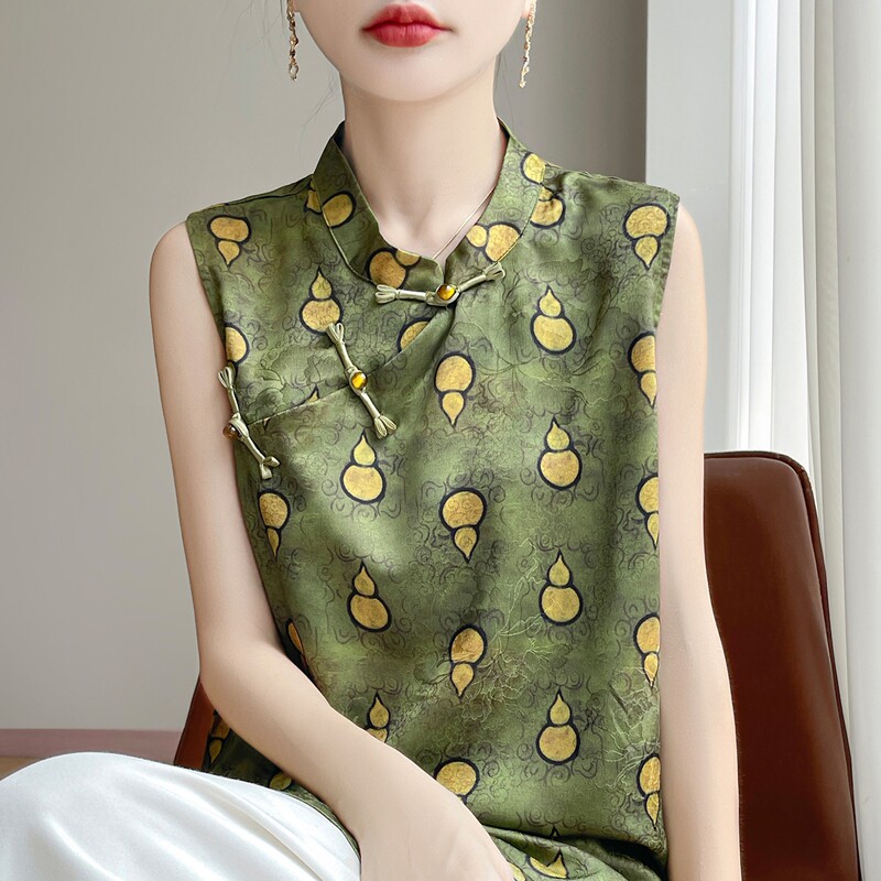New Chinese style national style satin silk vest top as base layer