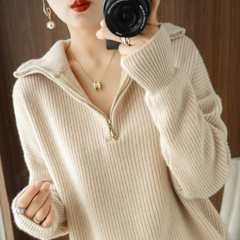 半开领拉链100%纯羊毛衫女高领加厚长袖毛衣宽松羊绒针织打底上衣,淘宝优惠券,粉丝福利购,淘宝优惠卷