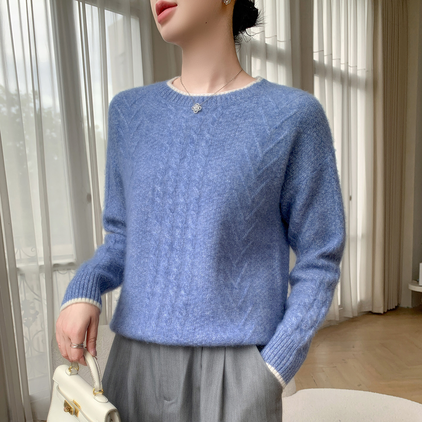 baby小山羊绒衫女圆领加厚扭花针织毛衣宽松花纱拼色打底羊绒上衣,淘宝优惠券,粉丝福利购,淘宝优惠卷