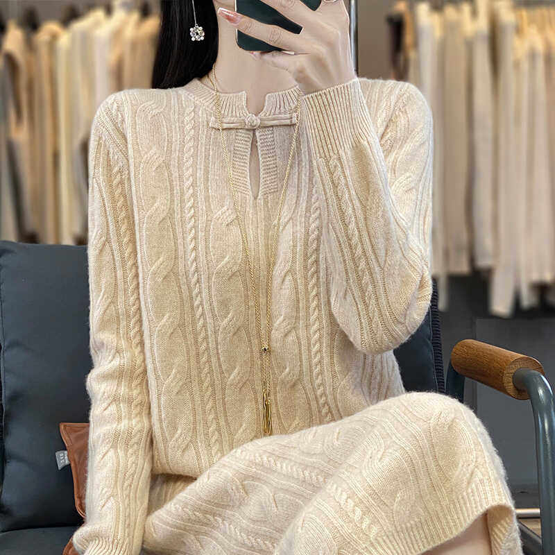 100%纯羊毛衫连衣裙女旗袍领盘扣长袖毛衣裙中长款宽松羊绒衫长裙,淘宝优惠券,粉丝福利购,淘宝优惠卷