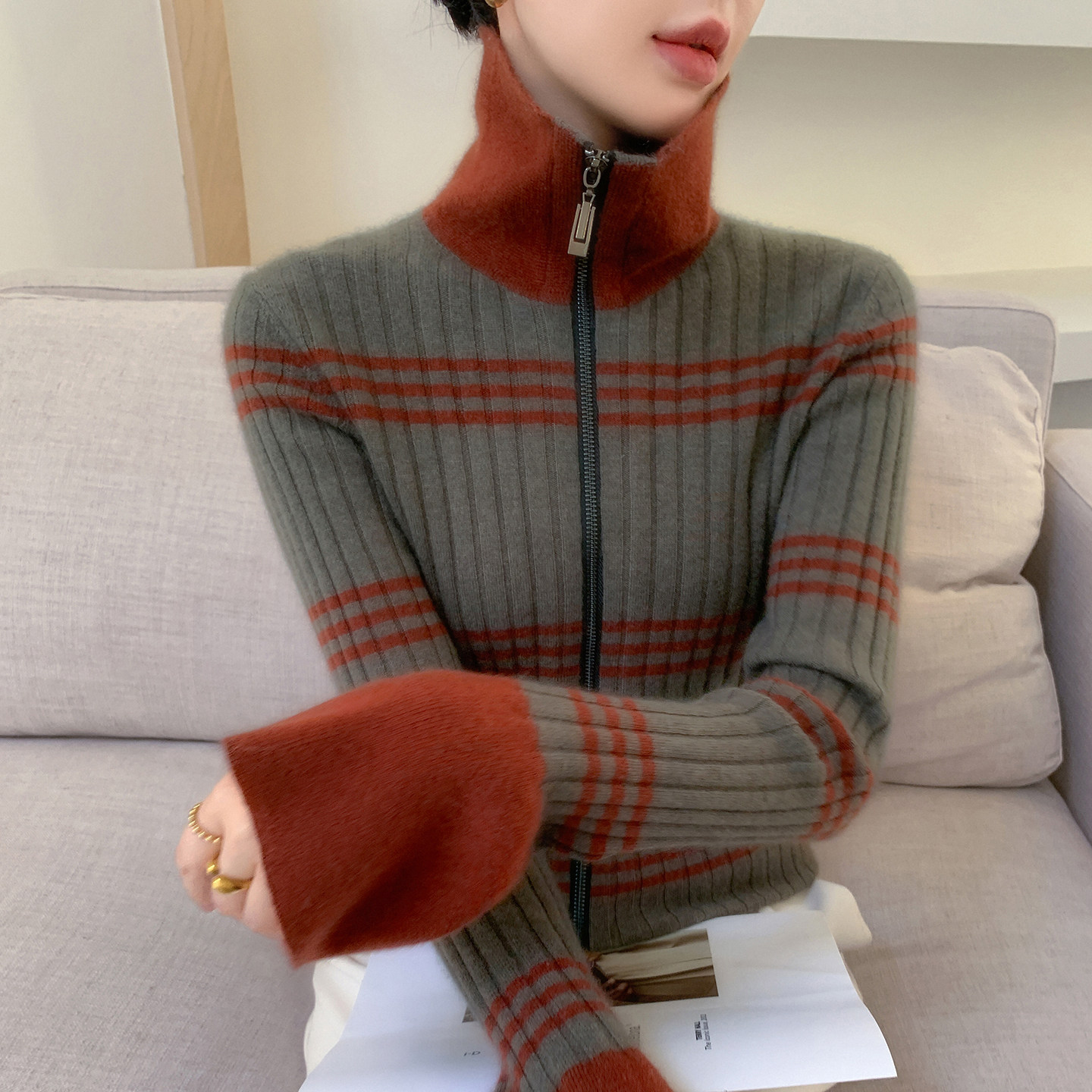 秋冬baby小山羊绒开衫女高领拼色双拉链针织毛衣宽松外套羊毛上衣,淘宝优惠券,粉丝福利购,淘宝优惠卷