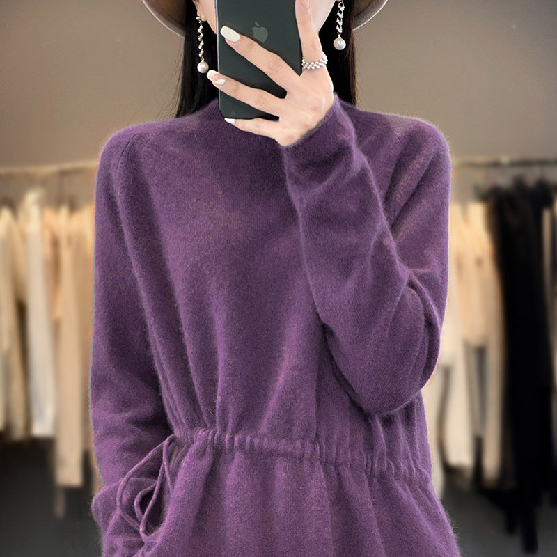 半高领中长款100%纯羊毛衫女秋冬新款抽绳针织毛衣宽松羊绒打底衫,淘宝优惠券,粉丝福利购,淘宝优惠卷