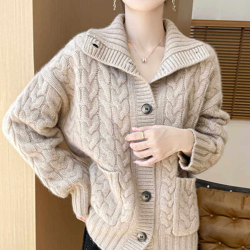 重磅加厚100%纯羊毛开衫女高领复古扭花带兜毛衣宽松慵懒羊绒外套,淘宝优惠券,粉丝福利购,淘宝优惠卷