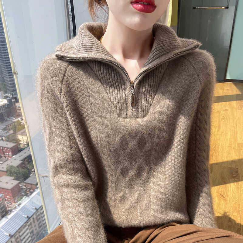 半开领拉链加厚100%纯羊毛衫女菱形扭花针织衫毛衣宽松羊毛衫上衣,淘宝优惠券,粉丝福利购,淘宝优惠卷