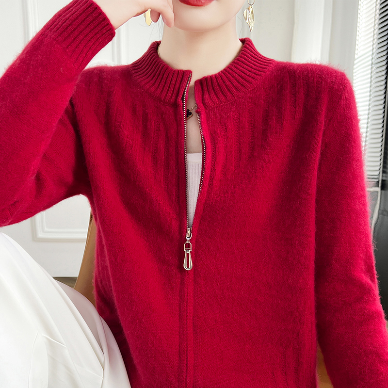 100%纯羊毛拉链开衫女半高领提花针织外套宽松羊绒衫长袖毛衣外搭 - 图1