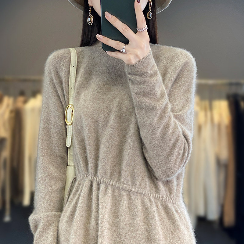 半高领中长款100%纯羊毛衫女秋冬新款抽绳针织毛衣宽松羊绒打底衫,淘宝优惠券,粉丝福利购,淘宝优惠卷