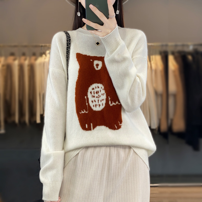 24秋冬新款圆领100%纯羊毛衫女拼色卡通小熊毛衣宽松羊绒针织打底,淘宝优惠券,粉丝福利购,淘宝优惠卷