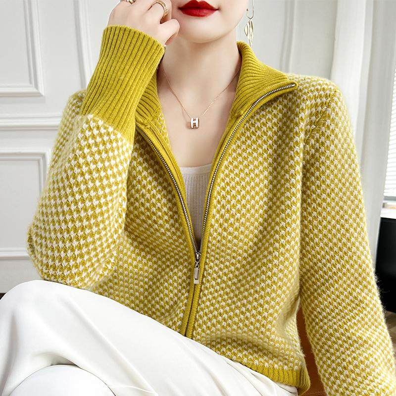 拼色嵌花100%纯羊毛开衫女高领针织衫毛衣加厚宽松羊绒衫拉链外套,淘宝优惠券,粉丝福利购,淘宝优惠卷