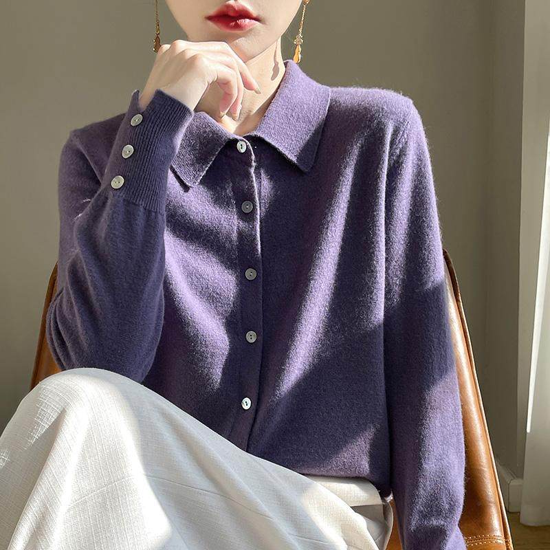 2025秋季100%纯羊毛开衫女POLO领纯色针织毛衣外套宽松羊绒衫上衣,淘宝优惠券,粉丝福利购,淘宝优惠卷