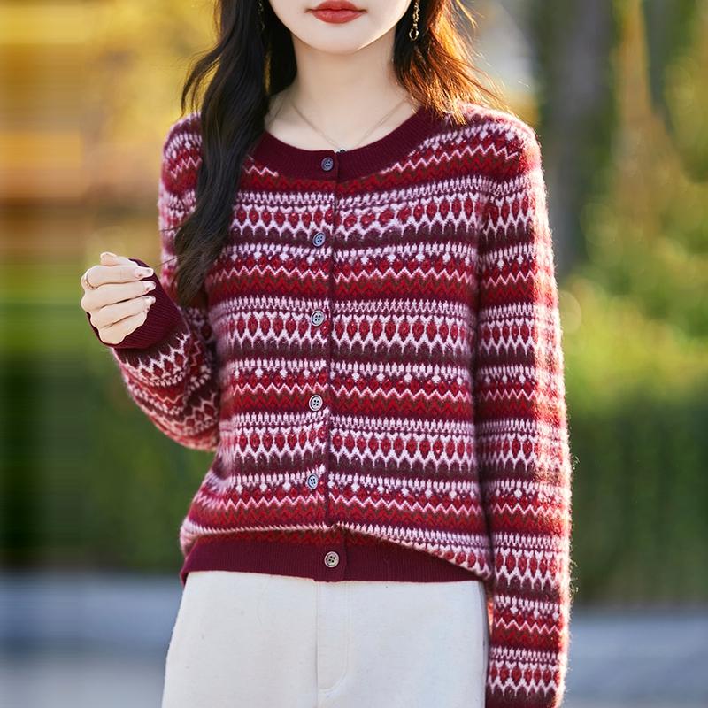 复古拼色加厚100%纯羊毛开衫女圆领圣诞红外套毛衣宽松羊绒衫上衣 - 图3