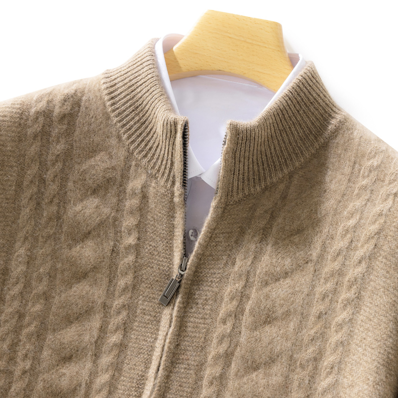 23秋冬100%纯羊绒拉链开衫男半高领扭花加厚外套毛衣羊毛针织上衣-图0