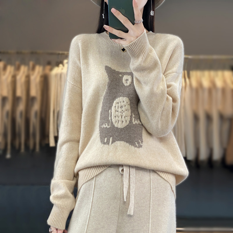 24秋冬新款圆领100%纯羊毛衫女拼色卡通小熊毛衣宽松羊绒针织打底,淘宝优惠券,粉丝福利购,淘宝优惠卷