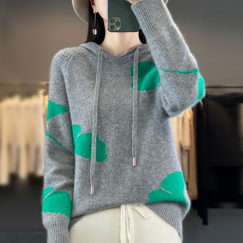 秋冬连帽撞色100%羊毛衫长袖卫衣女宽松带帽慵懒羊绒针织打底帽衫,淘宝优惠券,粉丝福利购,淘宝优惠卷