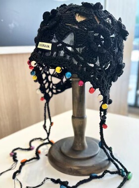 镂空珍珠流苏吊坠包头帽女春夏季民族风针织套头帽复古显脸小帽子