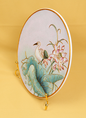 瓷盘摆件掐丝珐琅彩荷韵新中式玄关客厅坐盘景泰蓝手工桌面礼品