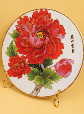 花卉瓷盘摆件掐丝珐琅彩中式客厅玄关坐盘牡丹花景泰蓝手工礼品