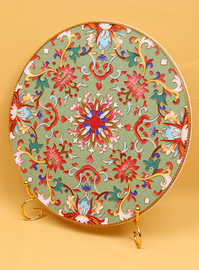 瓷盘摆件掐丝珐琅彩荷寿缠枝纹中式玄关客厅坐盘景泰蓝手工艺礼品