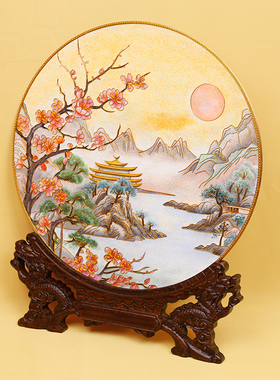 景泰蓝手工艺桃花山水客厅坐盘