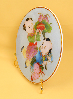 金童玉女瓷盘摆件掐丝珐琅彩新中式玄关客坐盘厅景泰蓝手工礼品