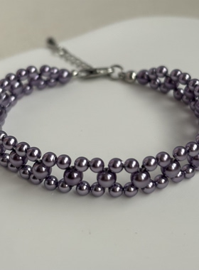 AYOUNG紫色珍珠手链 小众设计感双层串珠手饰 轻奢精致通勤百搭