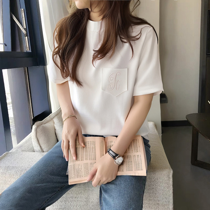 半高领T恤女短袖立领棉通勤宽松中领打底衫叠穿上衣口袋刺绣欧,淘宝优惠券,粉丝福利购,淘宝优惠卷