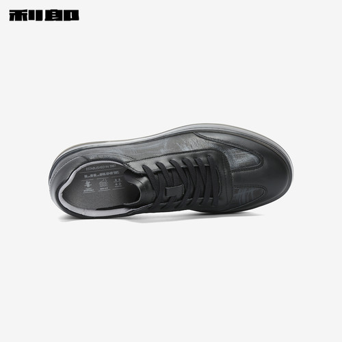 利郎官方 牛皮革板鞋男商务时尚印花2026春夏黑色平底休闲鞋子男 - 图2