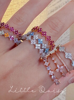 Little Daisy彩色宝石四叶草多色氛围气质戒子日系开口可调节戒指