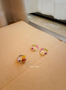 神经手作孤品魅影紫串珠花设计黄水晶贝母鸡蛋花捷克琉璃珍珠指环
