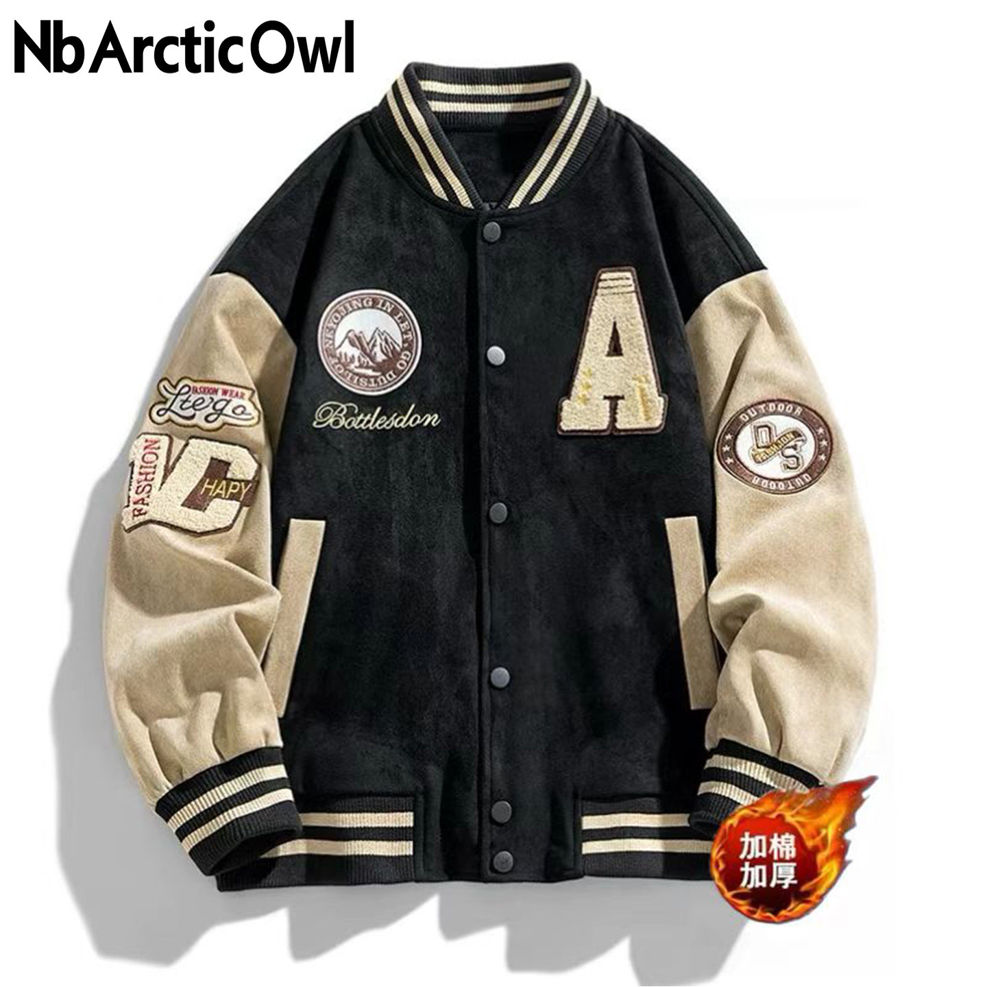 nbarcticowl美式潮流复古刺绣棒球服夹克男春秋季麂皮绒拼色外套,淘宝优惠券,粉丝福利购,淘宝优惠卷